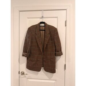 Vintage Women's Plaid Wool Blend Blazer Brown Multi Color Size 14